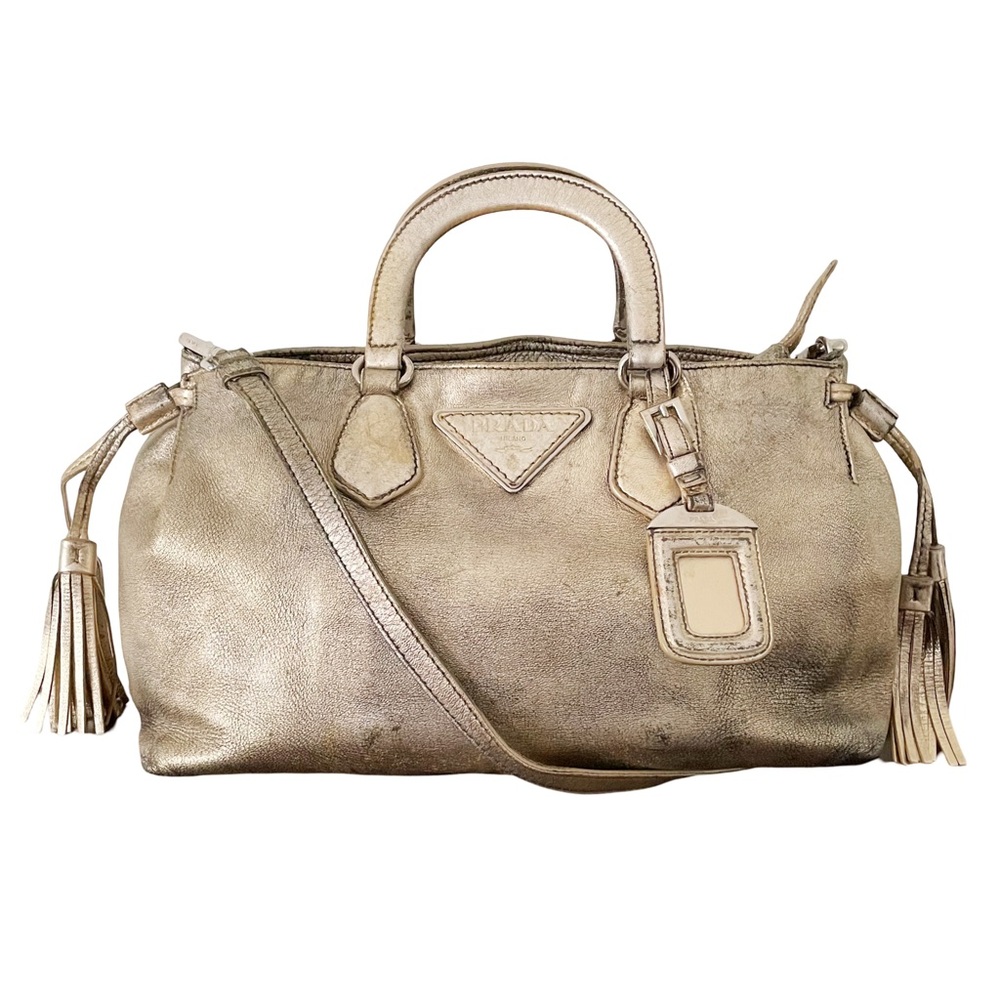 Prada distressed metallic gold nappa leather satchel bag triangle logo